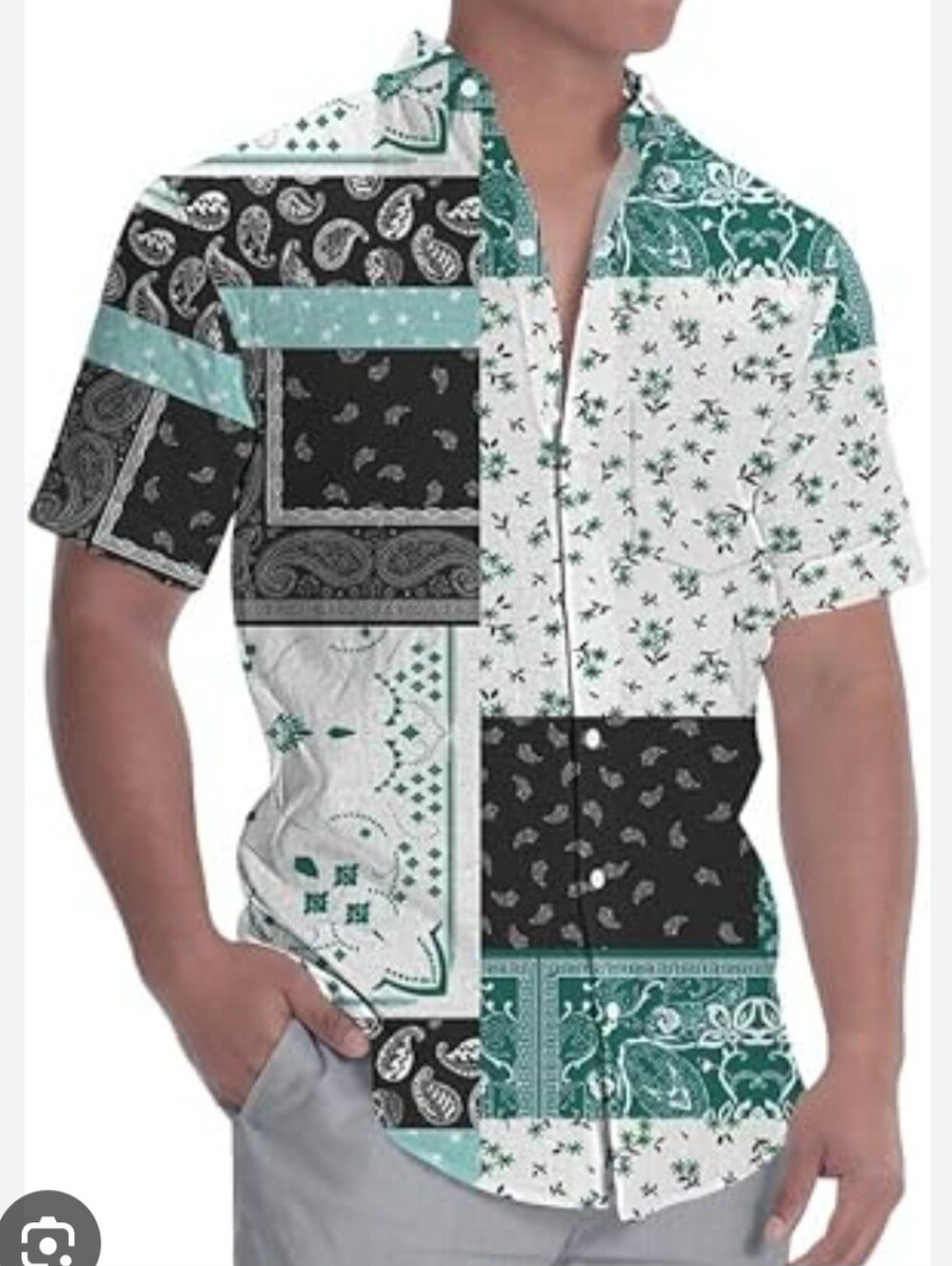 Men's XXL Green Patchwork Short Sleeve Shirt New W.o Tags